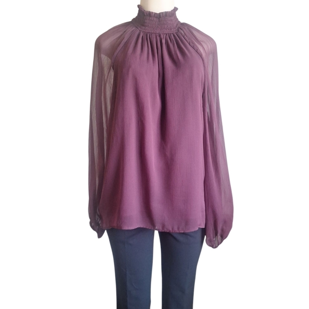 NWT! Joie Sheer Smocked Mock Neck Blouse Burgundy Long Sleeve Boho Top Sz Large